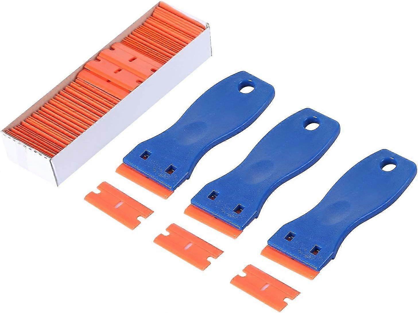 Plastic Razor Blade Scrapers With Contoured Grip - Ideal For Auto - 100 Pcs Refillable Double Edge Blades