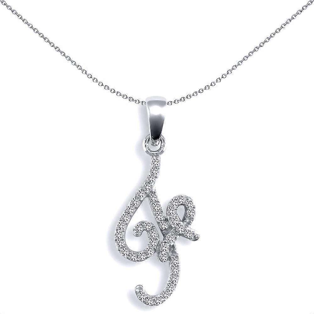 Jewelco London Solid 9ct White Gold Pave Set Round G SI 0.16ct Diamond Calligraphy Script Initial Pendant