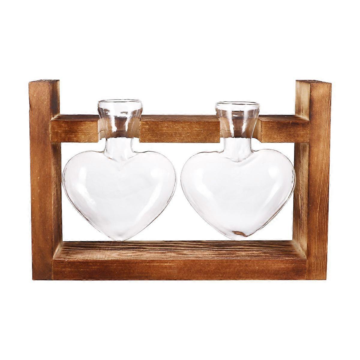 2Pcs Heart Shape Glass Vases Hydroponics Planter Green Plant Container Flower Arrangement med Wooden Rack (Retro)