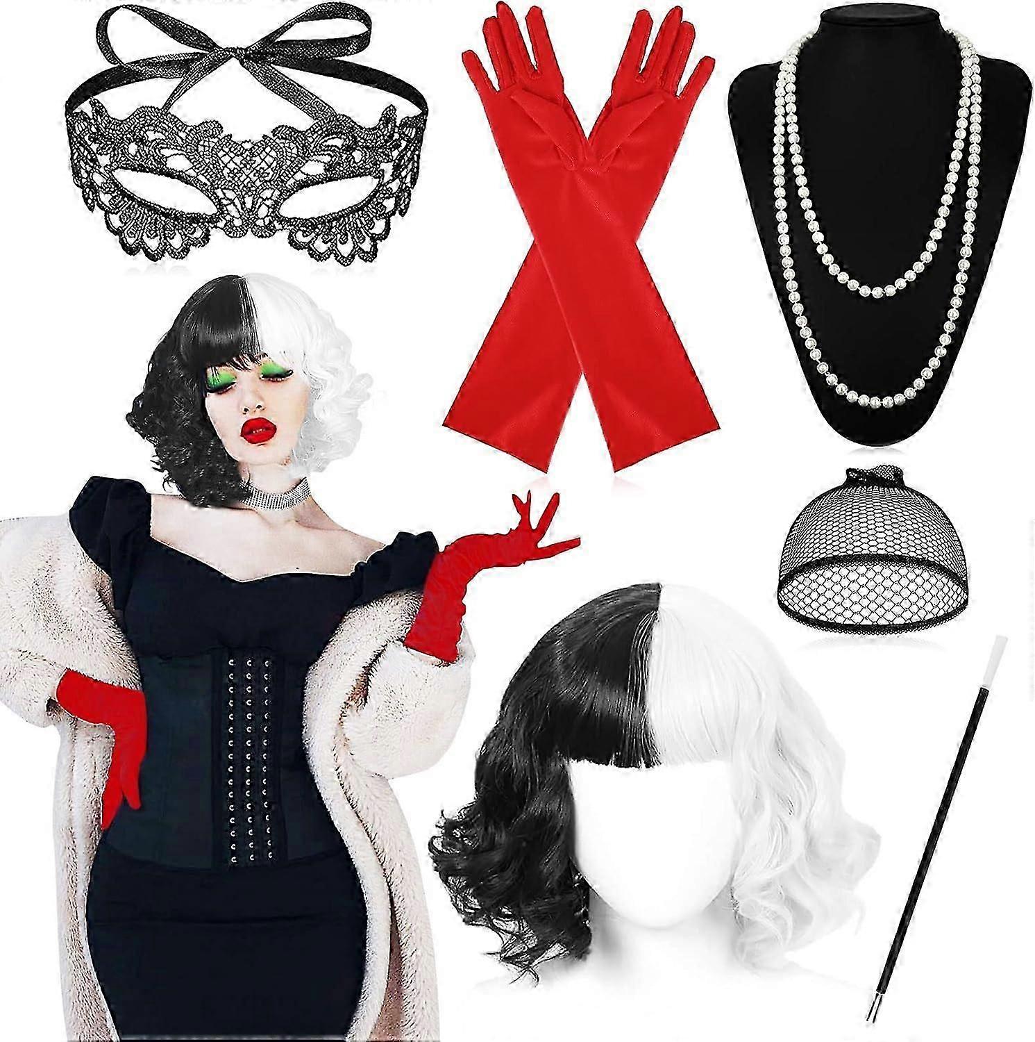 Cruella زي نسائي 70s الاكسسوارات ، شعر مستعار قصير بالأبيض والأسود مع حامل ، قفازات ، قلادة ، قناع الدانتيل ، قبعة شعر مستعار ، للنساء زي هالوين ، مروحة