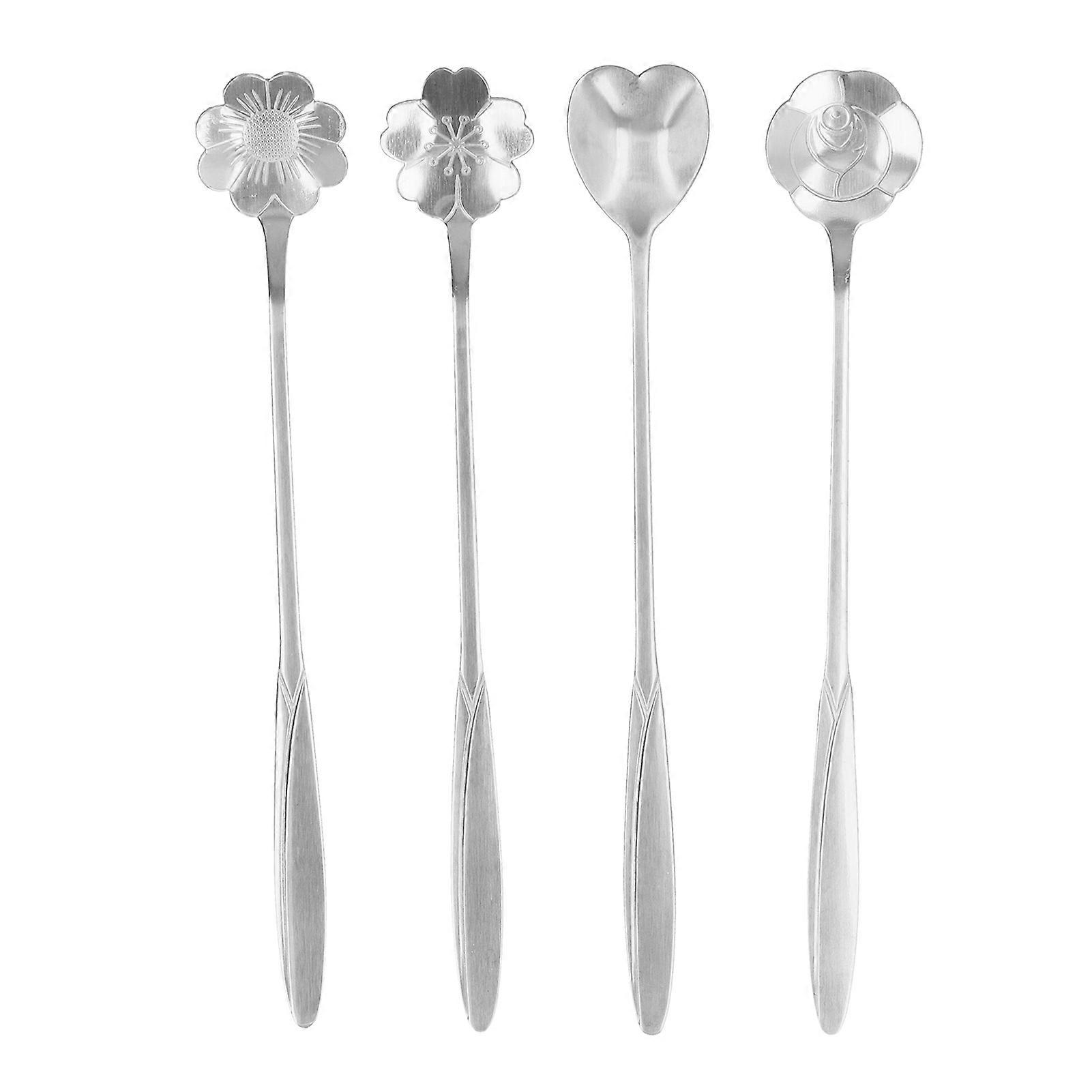 4PCS Mixing Spoon Flower Heart Shaped Stainless Steel Scoop Stainless Steel Desert Scoop Ice Tea SpoonSilver