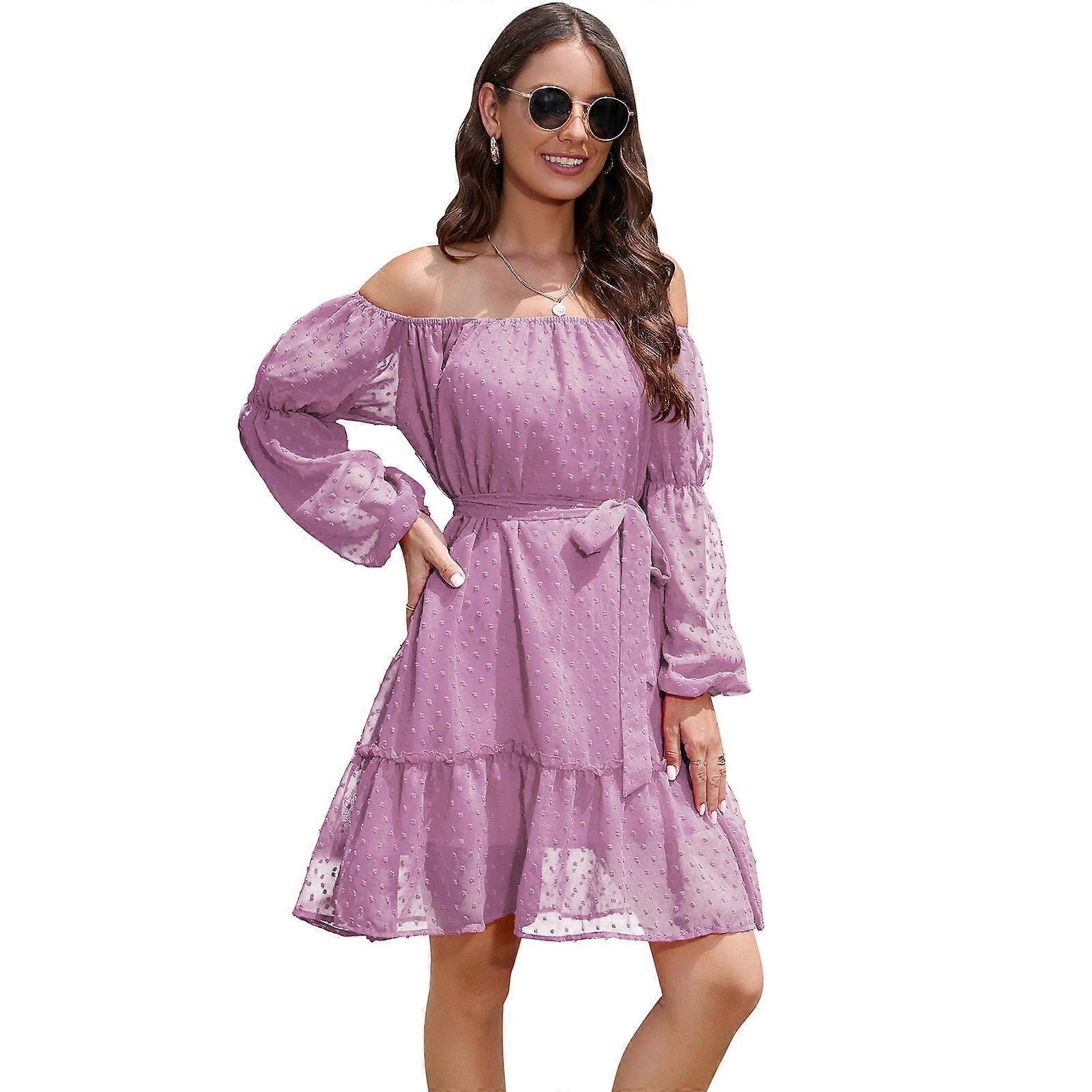 Dress for Women Short Dresses Off Shoulder Solid Color Long Sleeve A-Line  Dress with Belt,Fashion Holiday Dress Light purple L | Fruugo UK