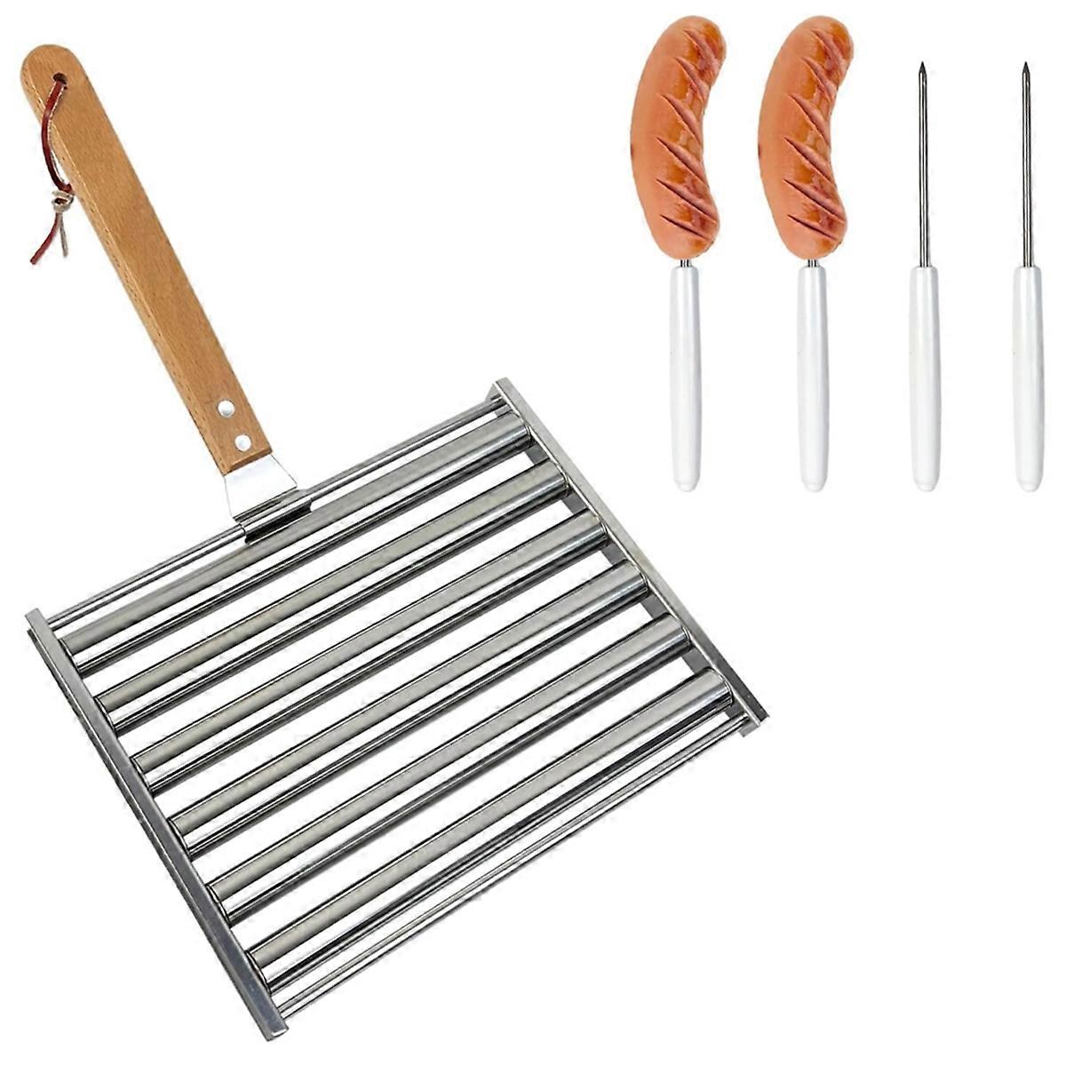 Hot Dog Roller with Wood Handle & 4 BBQ Skewers Evenly Cooked Hot Dog
