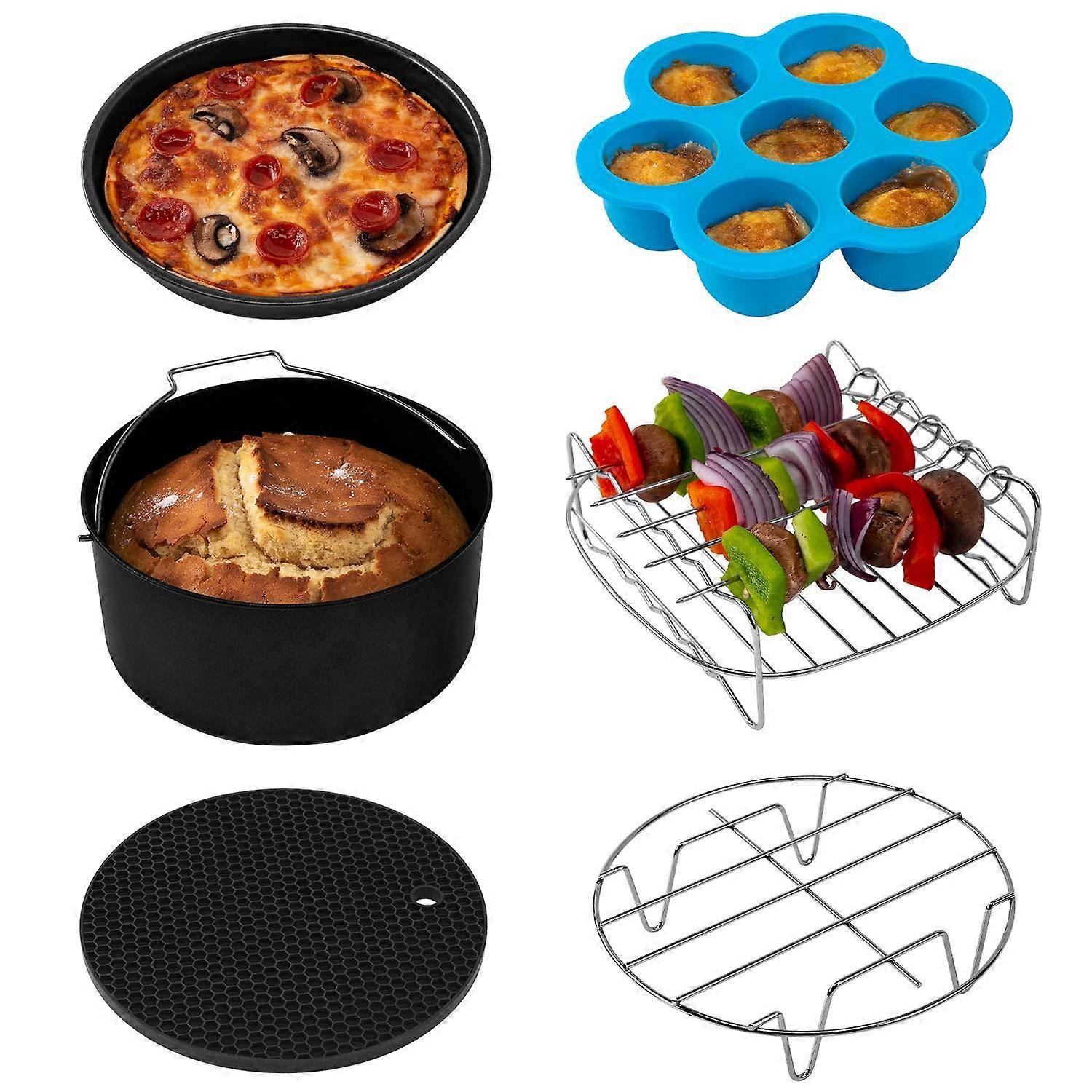 Air Fryer Accessories Set of 6 for 5.0 Qt and Larger Ovens, Nonstick BPA Free Cake Pan, Pizza Pan, Metal Holder, Rack, Skewers, Black