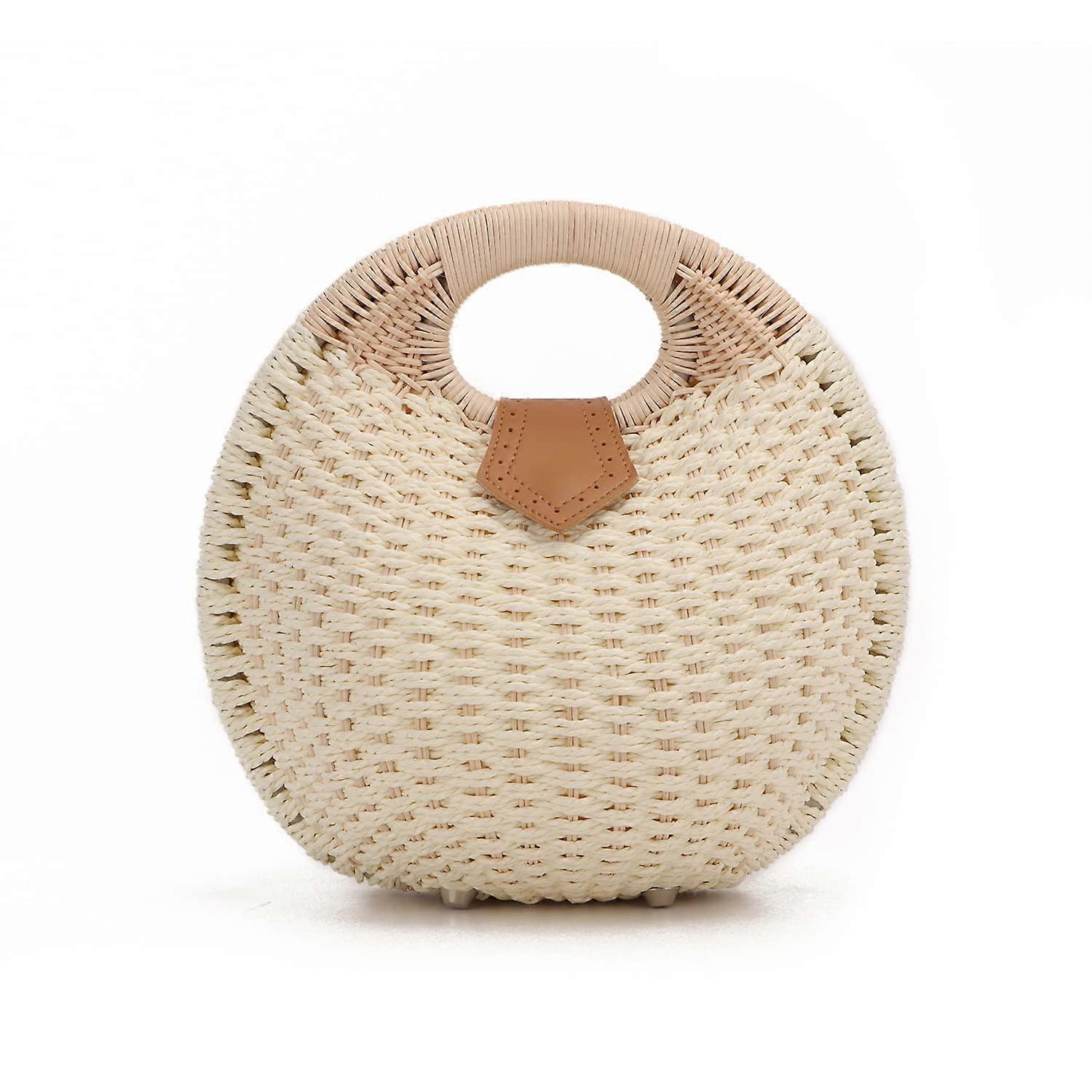Straw Wallets for Women, Handmade Rattan Bag with Round Handle, Retro White Shell Purse for Summer Beach Use
