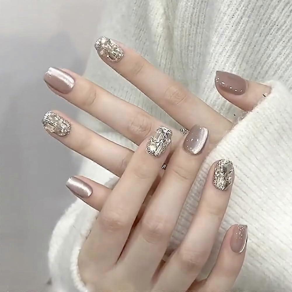 Glitter Press On Nails, Champagne Cat Eye with Rhinestones, 30 Nails