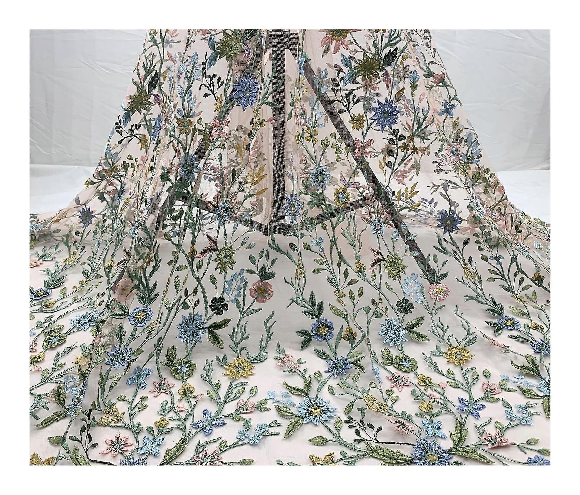 Mesh Three-Dimensional Floral Embroidery Lace Fabric 1 Yard Multicolored Design on White Background for Crafts and Apparel