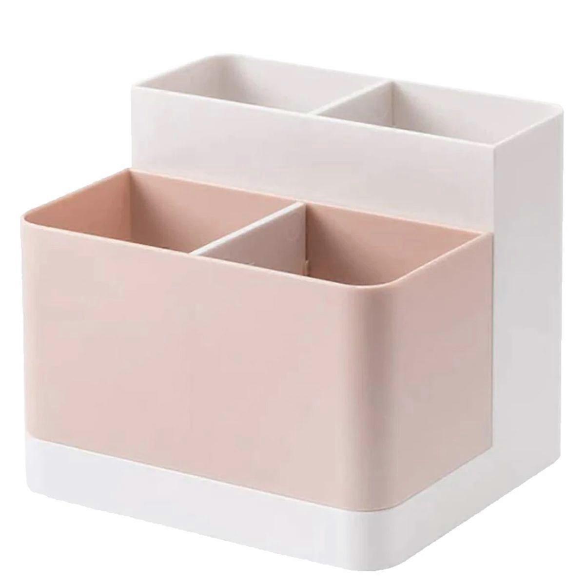 Desktop Storage Organizer Pencil Card Holder Box Container for Desk, Office Supplies, Vanity Table White+Pink