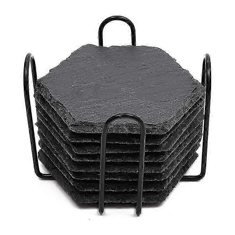 8-Piece Hexagonal Black Slate Coasters with Metal Holder