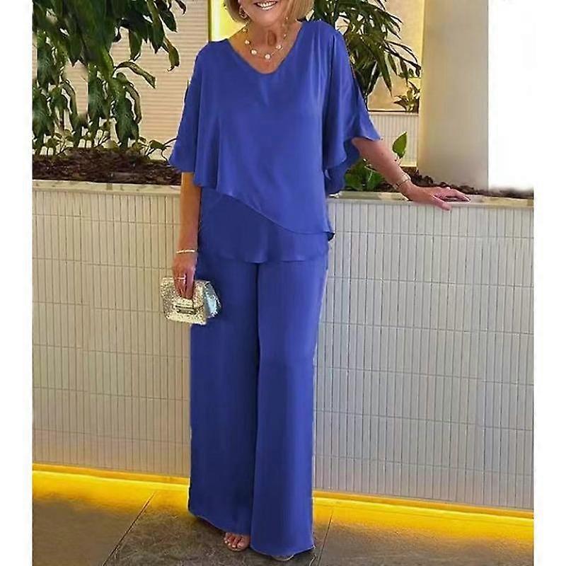 Spring and Autumn Women's T-shirt Solid Colour V-Neck Irregular Hem Casual Pant Suit