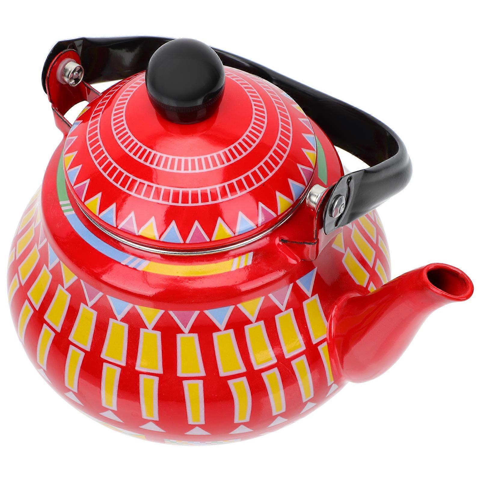 Enamel Teapot Handheld Kettle for Gas and Induction Cookers Fast Boiling Water Pot with Elegant Design and Red Geometric Spout for Tea Lovers