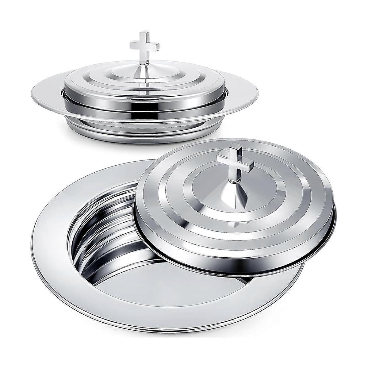 Silver Communion Set with Lid, Stainless Steel Bread Tray Plates for Churches, Holy Communion Tray