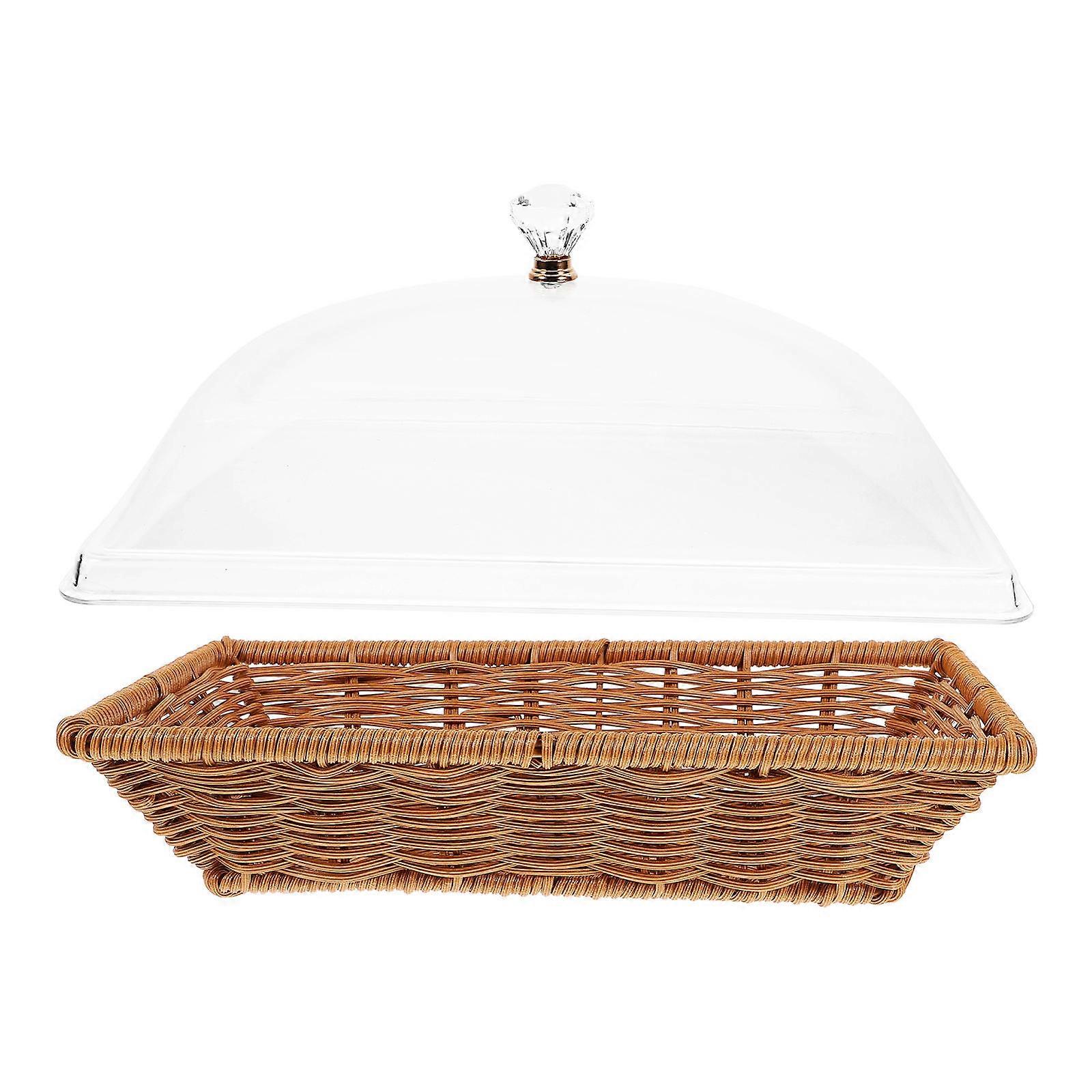 Compact Square Woven Food Serving Basket with Transparent Lid, Lightweight Kitchen Storage Tray for Bread, Fruits, and Snacks, Portable & Easy to