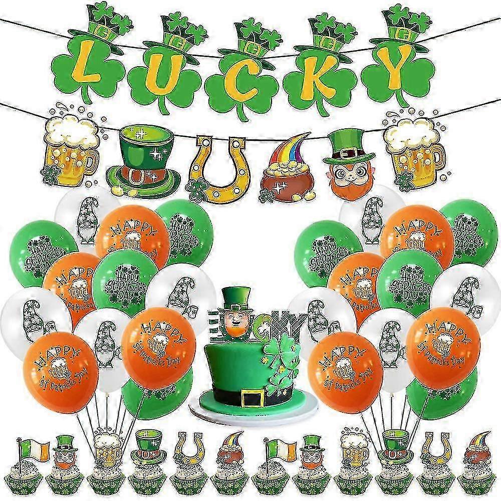 St. Patrick's Day 24pcs Balloons Banner Pull Flag Cake Insert Set Party Decorations