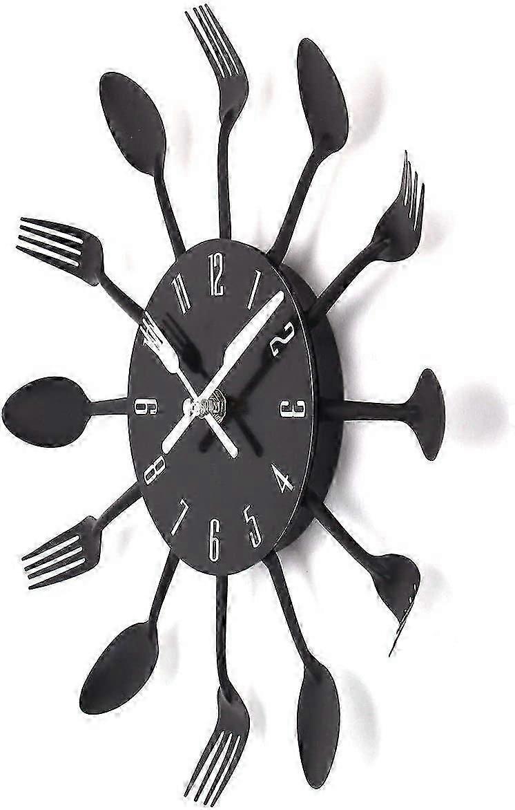 3d Removable Cutlery Wall Clock - Modern Spoon & Fork Mirror Decal For Kitchen Decor (black)