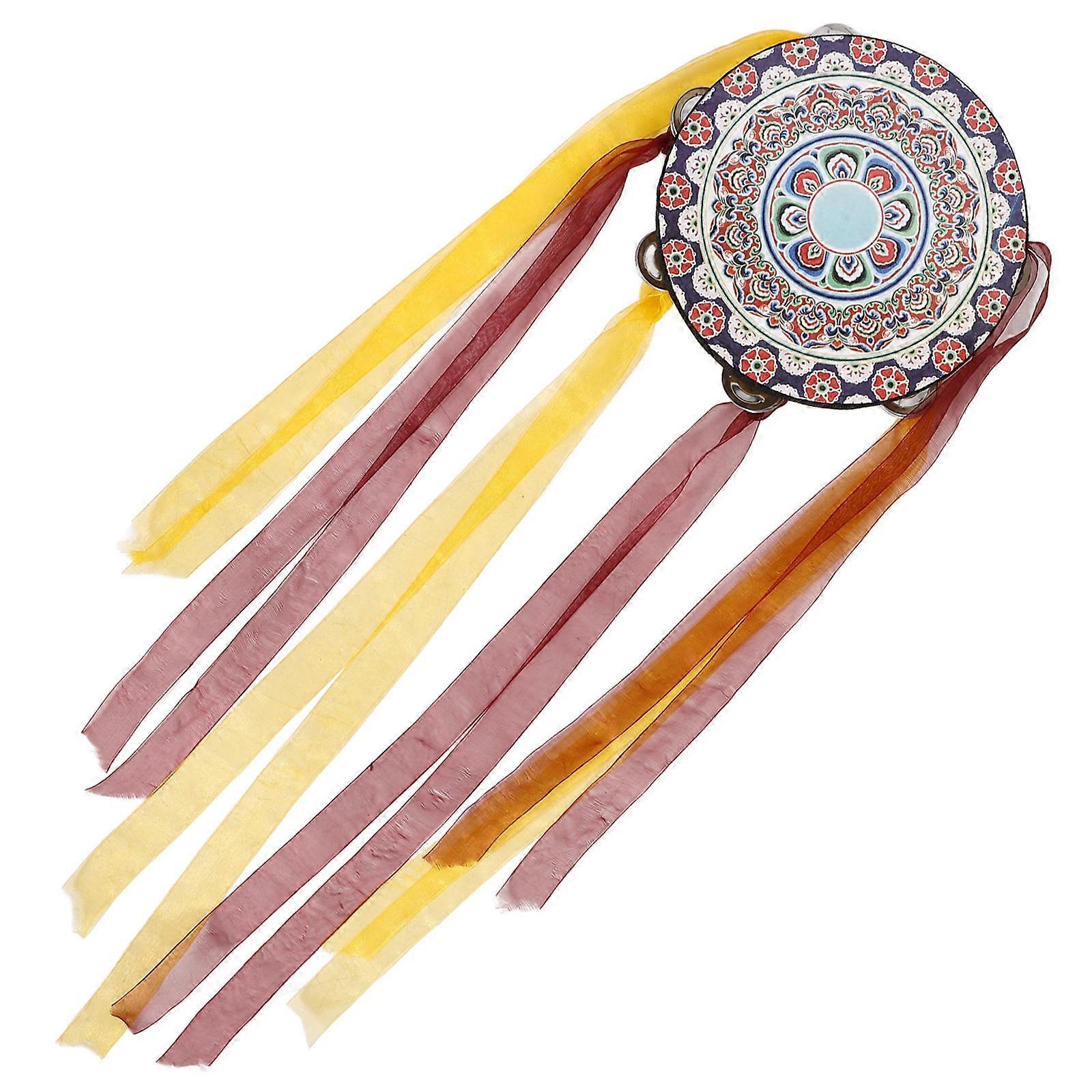Children Hand Drum Tambourine Chinese Style Kids Musical Instruments Round Shape Wood Metal Assorted Color 1Pack