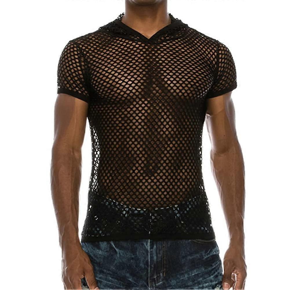 Men's See Through Sleeveless Fishnet Tank Short Hooded Slim Fit Sheer Mesh Club Vest Tops S Black