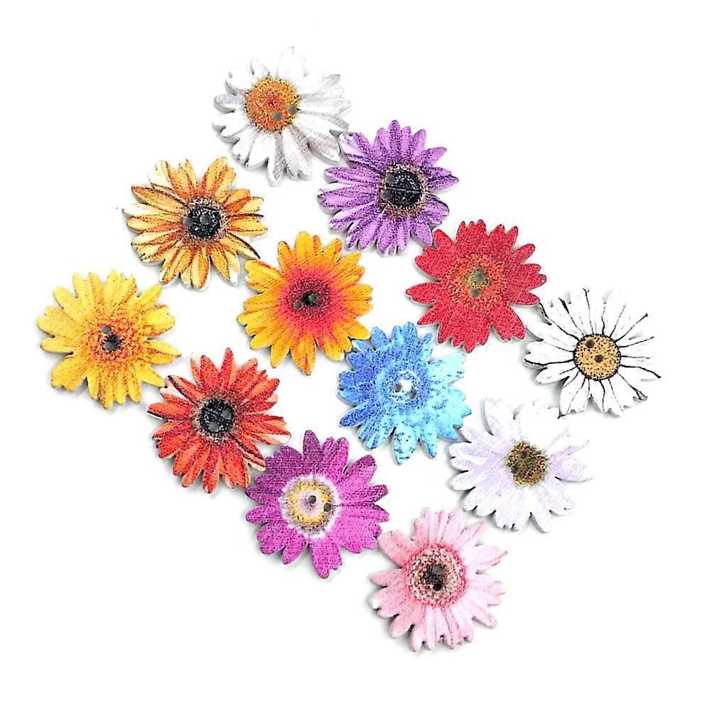 Decorative Buttons Wooden Button White Base Color Chrysanthemum Shaped Sewing Decoration Diy Craft 2Pack