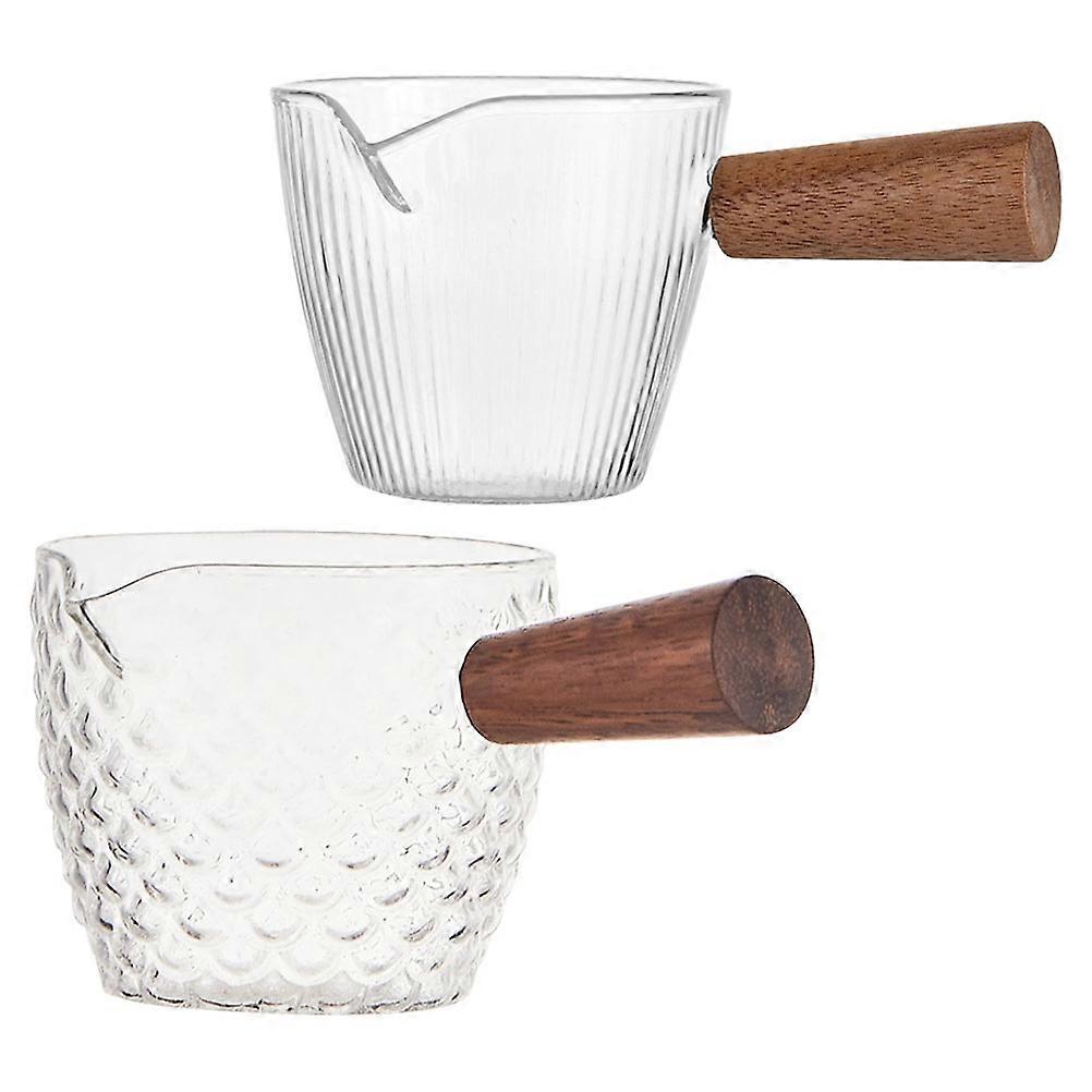 2Pcs Heat Resistant Glass Measuring Cup with Wood Handle for Espresso and Coffee Ideal for Frothing and Pouring Bar Accessory