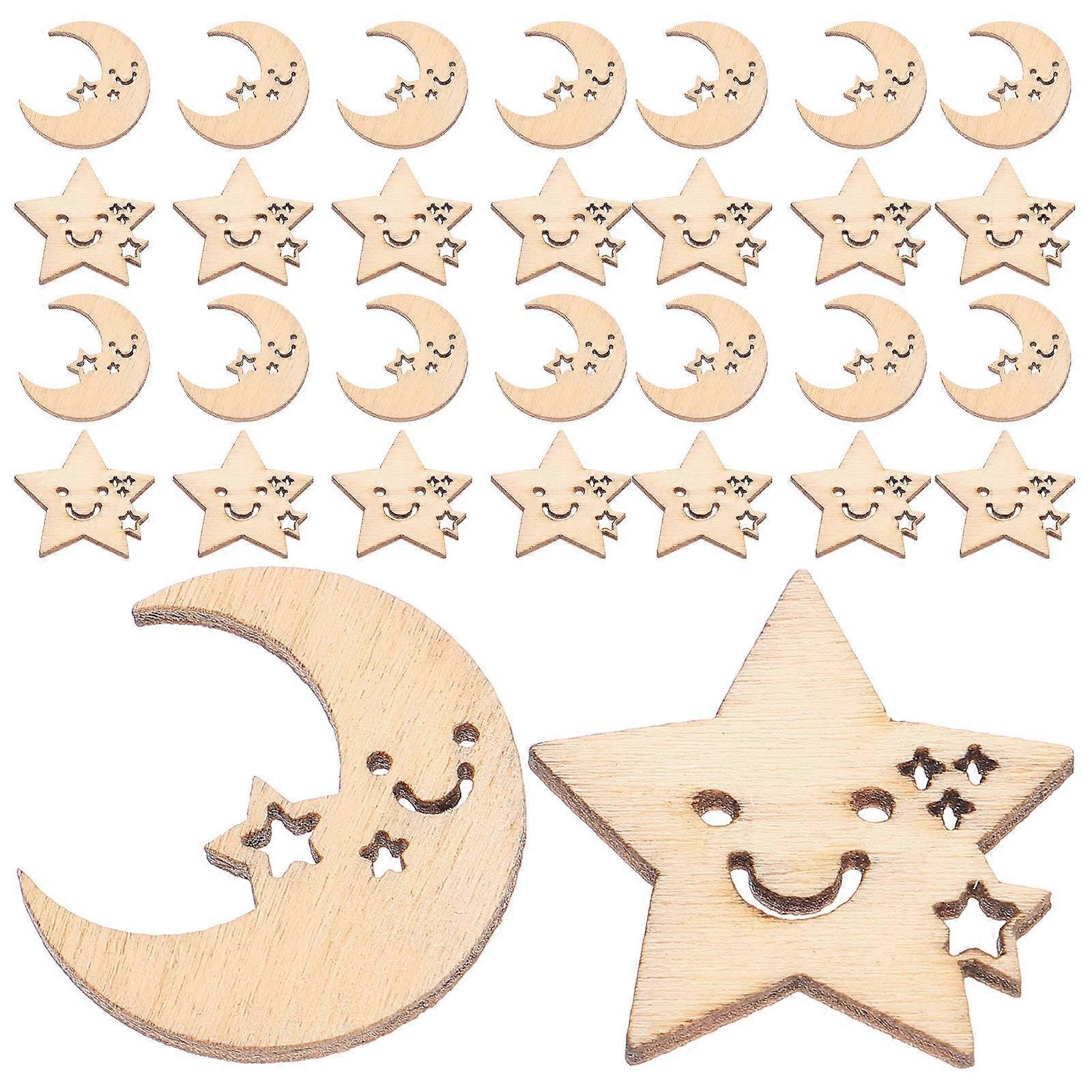DIY Ornaments For Kids 50Pcs Wooden Artware Cartoon Star Moon Shape Materials For Craft Projects And Family Activities 26Mm