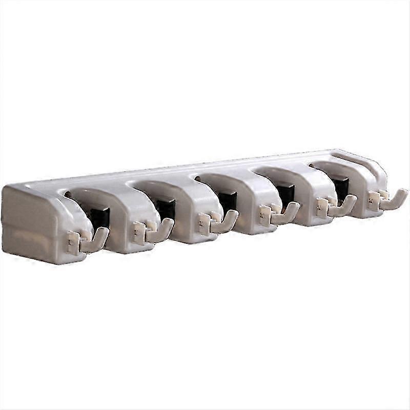 Mop and Broom Rack - Garage Storage System with 5 Slots, 6 Hooks