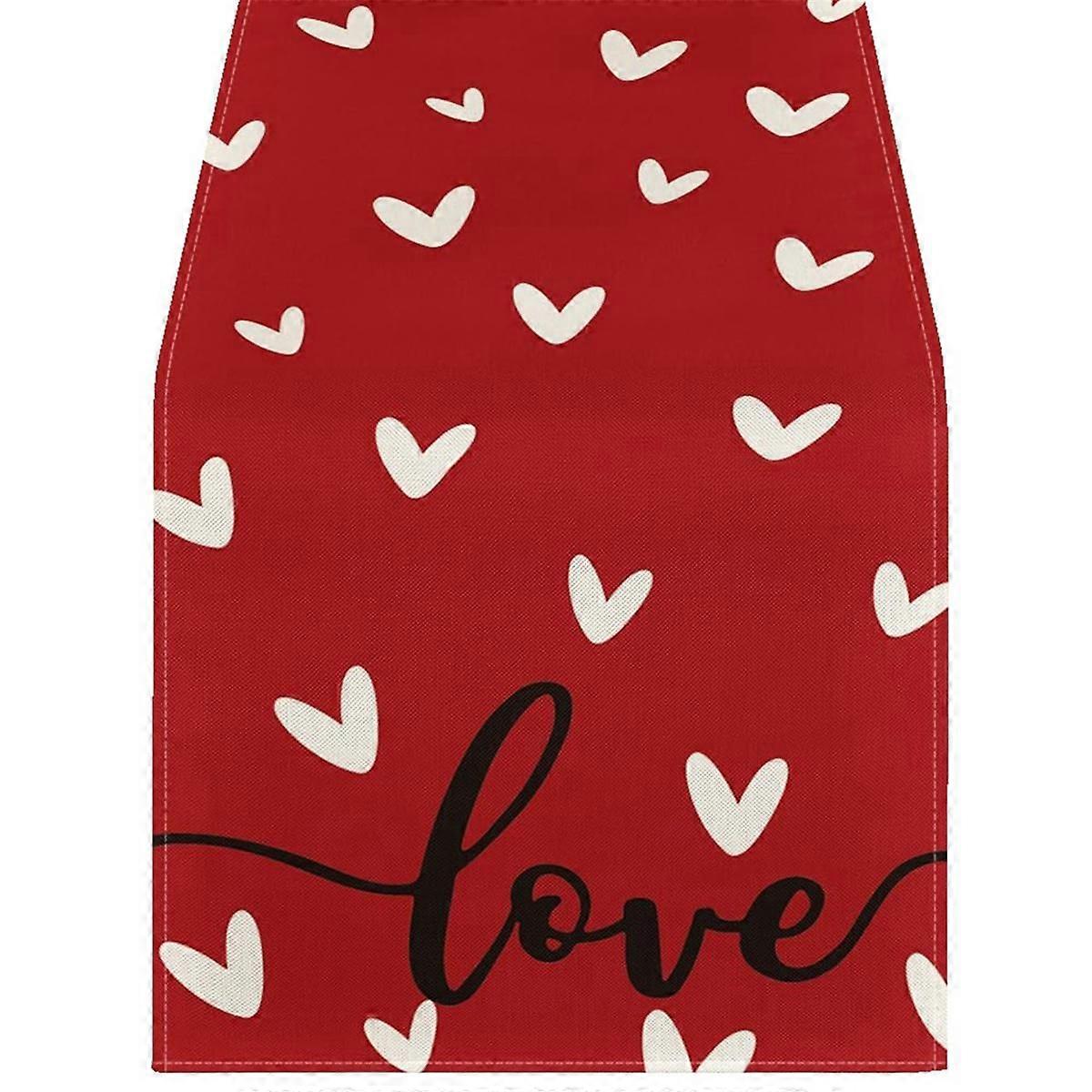 Red Love Valentine's Day Table Runner, Seasonal Anniversary Kitchen Dining Table Decoration for Ind