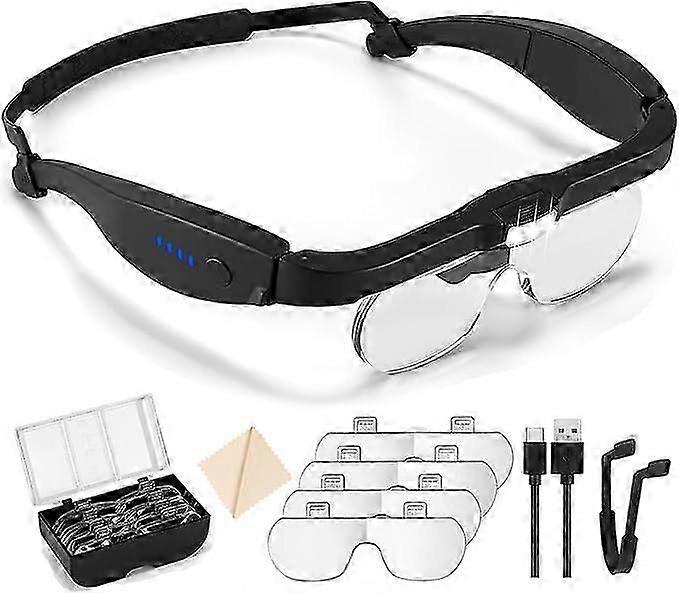 Lupa iluminada, Lupa de montagem de cabeça recarregável, 1,5x a 5,0x Lupa iluminada com 4 lentes destacáveis, fone de ouvido de aumento mãos-livres para fechar