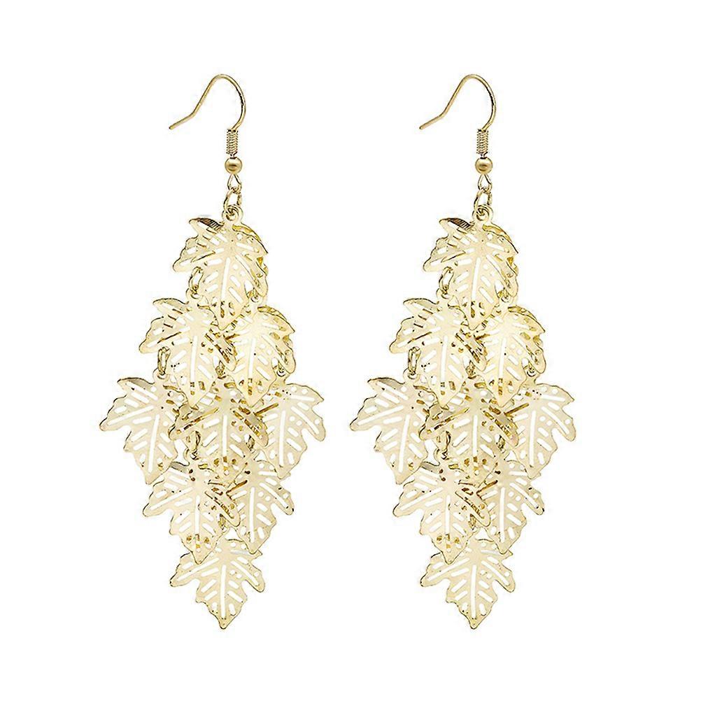Golden Multi-Layer Earrings Leaf Pieced Tassel for 1Pair