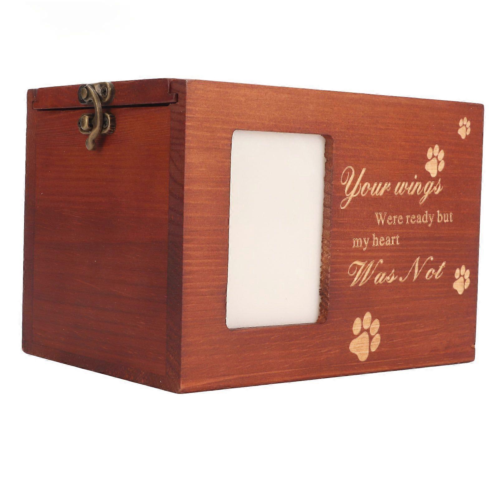 Pet Wood Urn Box with Photo Frame Memorial Wooden Pet Ashes Casket with Carved Paw Pattern and Text for Dog Cat