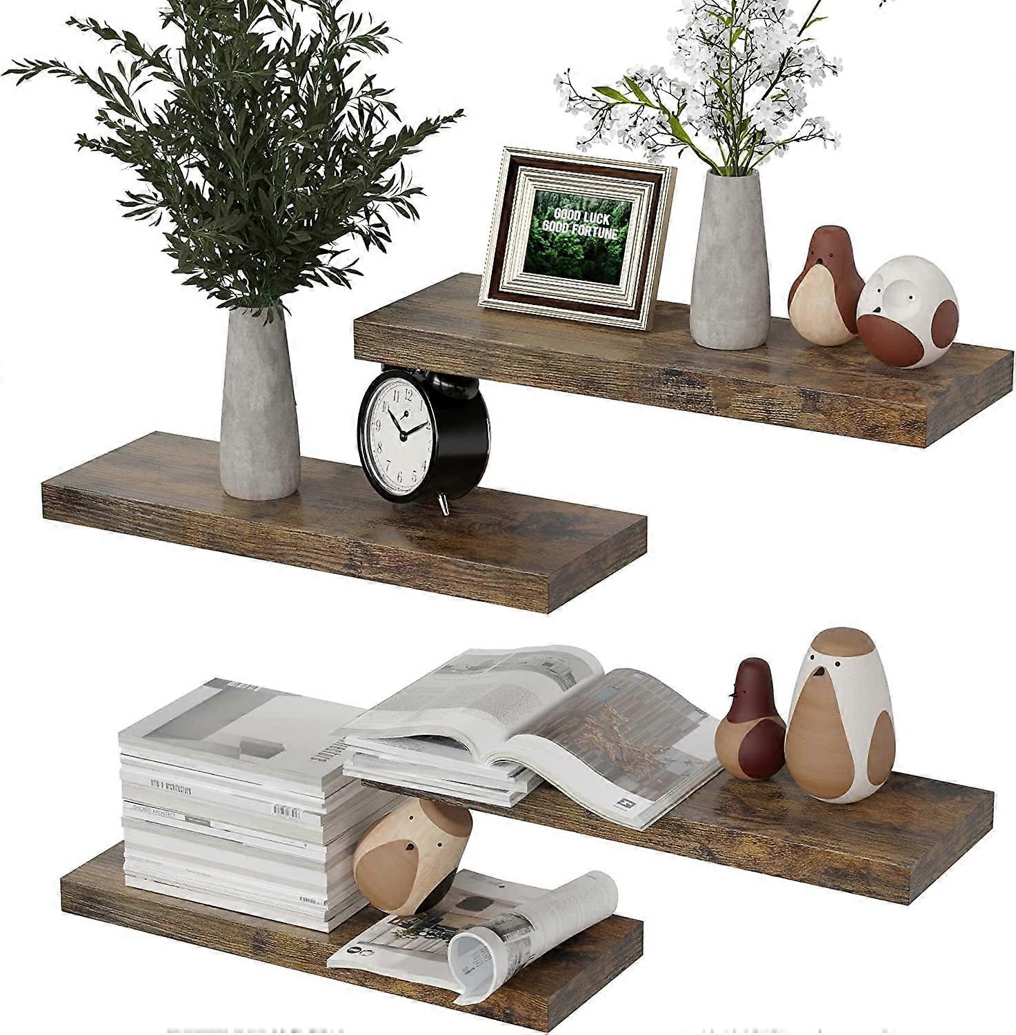 Wall Mounted Floating Shelves, 4 Sets with Invisible Brackets – Rustic Brown Compatible with Bedroom, Bathroom, Kitchen Decor