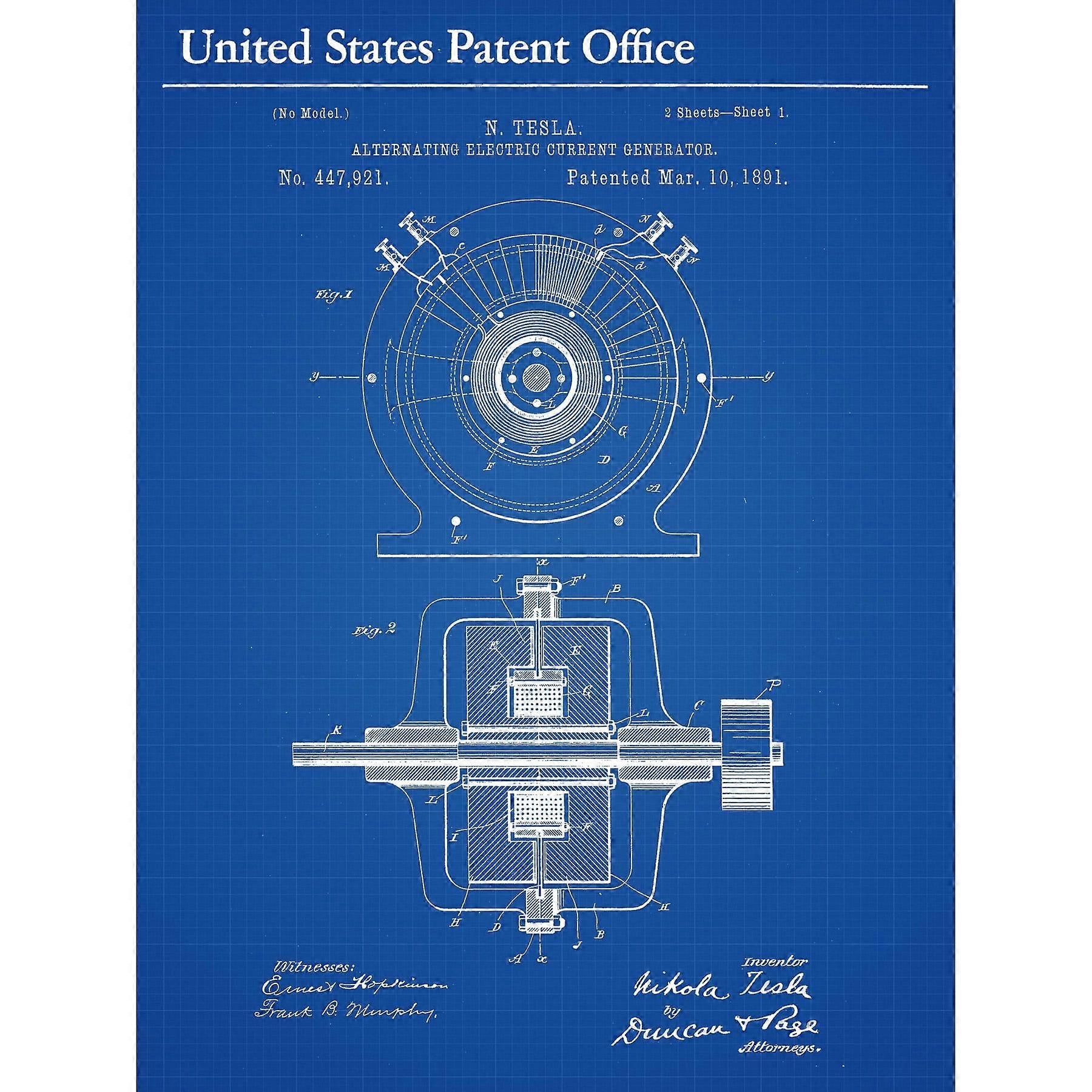 Tesla Alternating Electric Current Generator 1891 Patent Extra Large  Wall Art   Print-yezhiaaa1392
