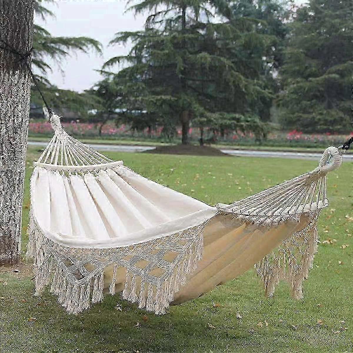 Cotton Canvas Double Hammock with Macrame Fringe, Swing for Indoor/Outdoor use with High Load Capacity miao4
