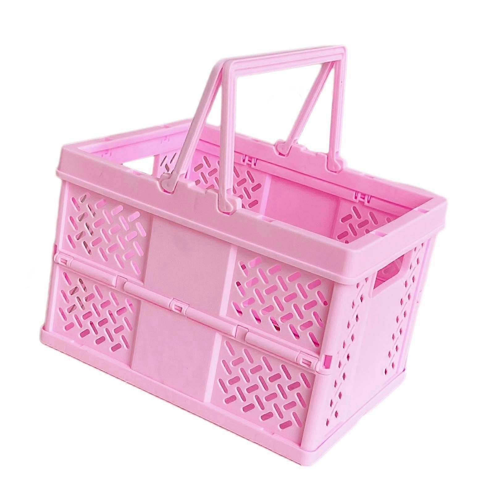 Milk Crate Storage Bin Foldable With Handles Rectangular Pink Organizer Bin For Home And Barbecue