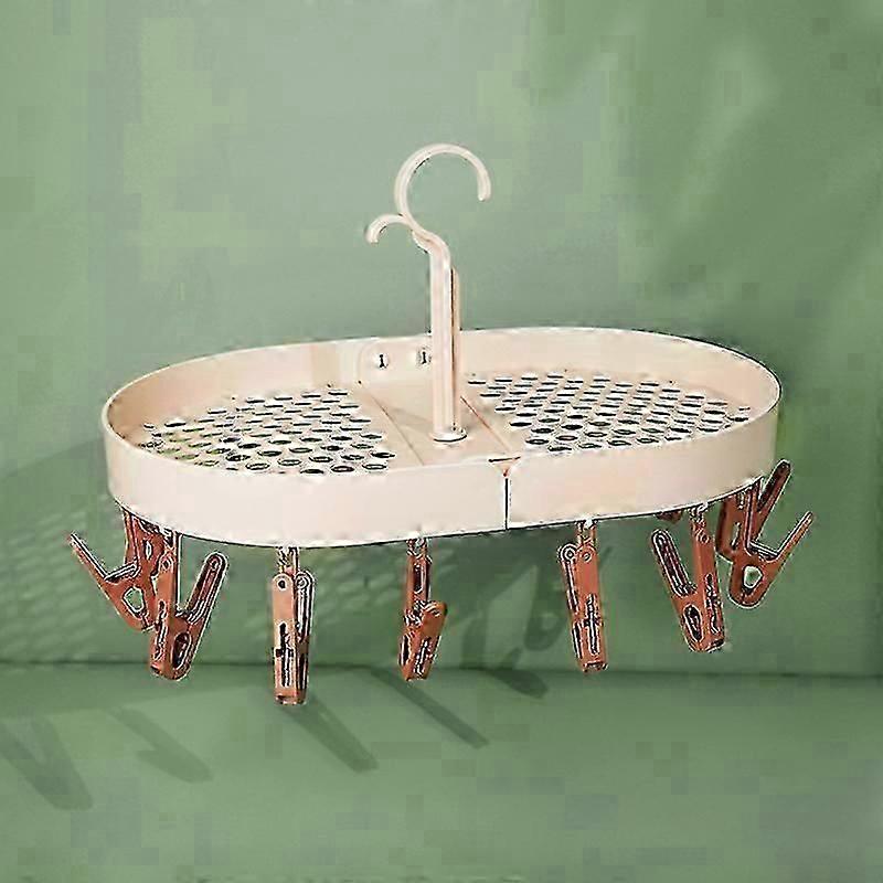 Foldable Sock Drying Rack with 14 Clips, Rotating Hook (Pink)