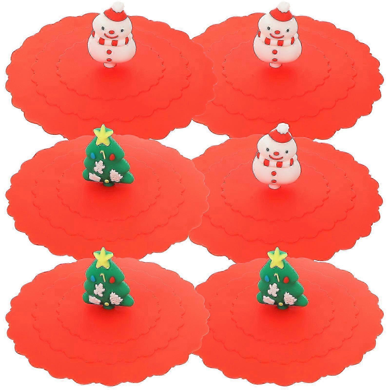 Festive drink lids with snowman and tree designs silicone 6-piece