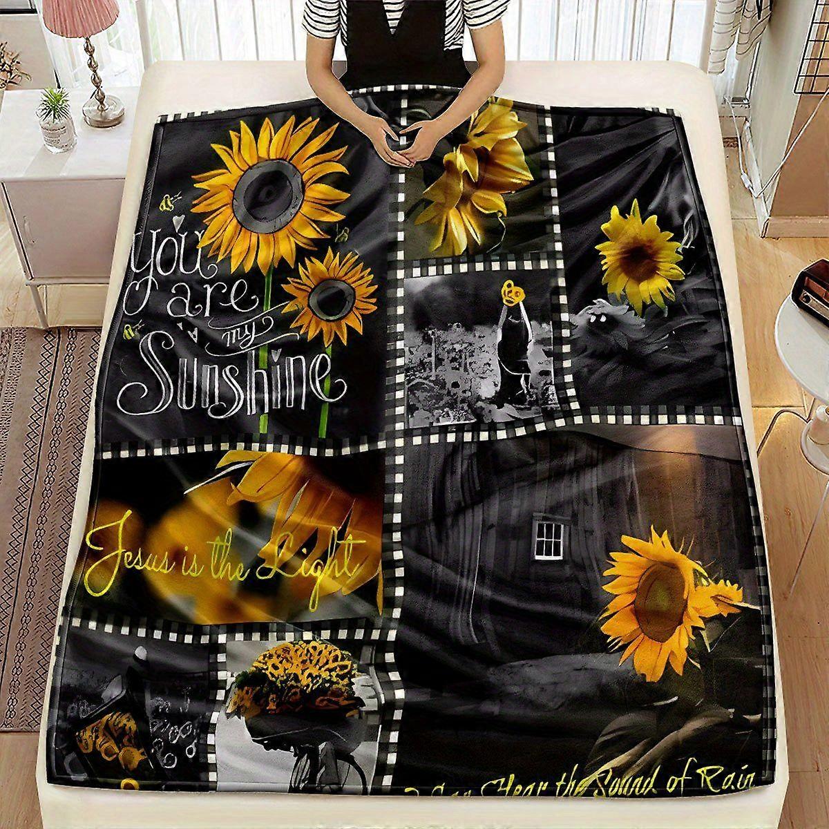Lightweight Inspirational Religious Throw Blanket - 100% Polyester Flannel with Sunflower & Scripture Print, All-Season -OLKJS107
