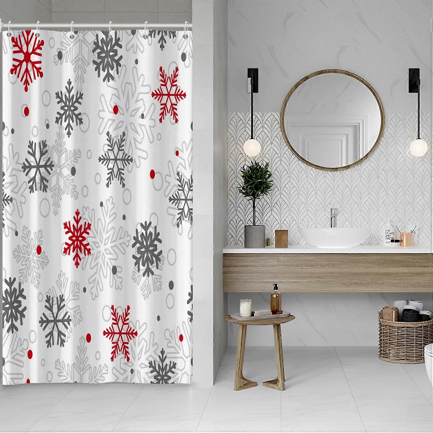 Christmas Shower Curtain 36x72 Red Grey Snowflake Waterproof Fabric for RV or Small Stall with Hooks