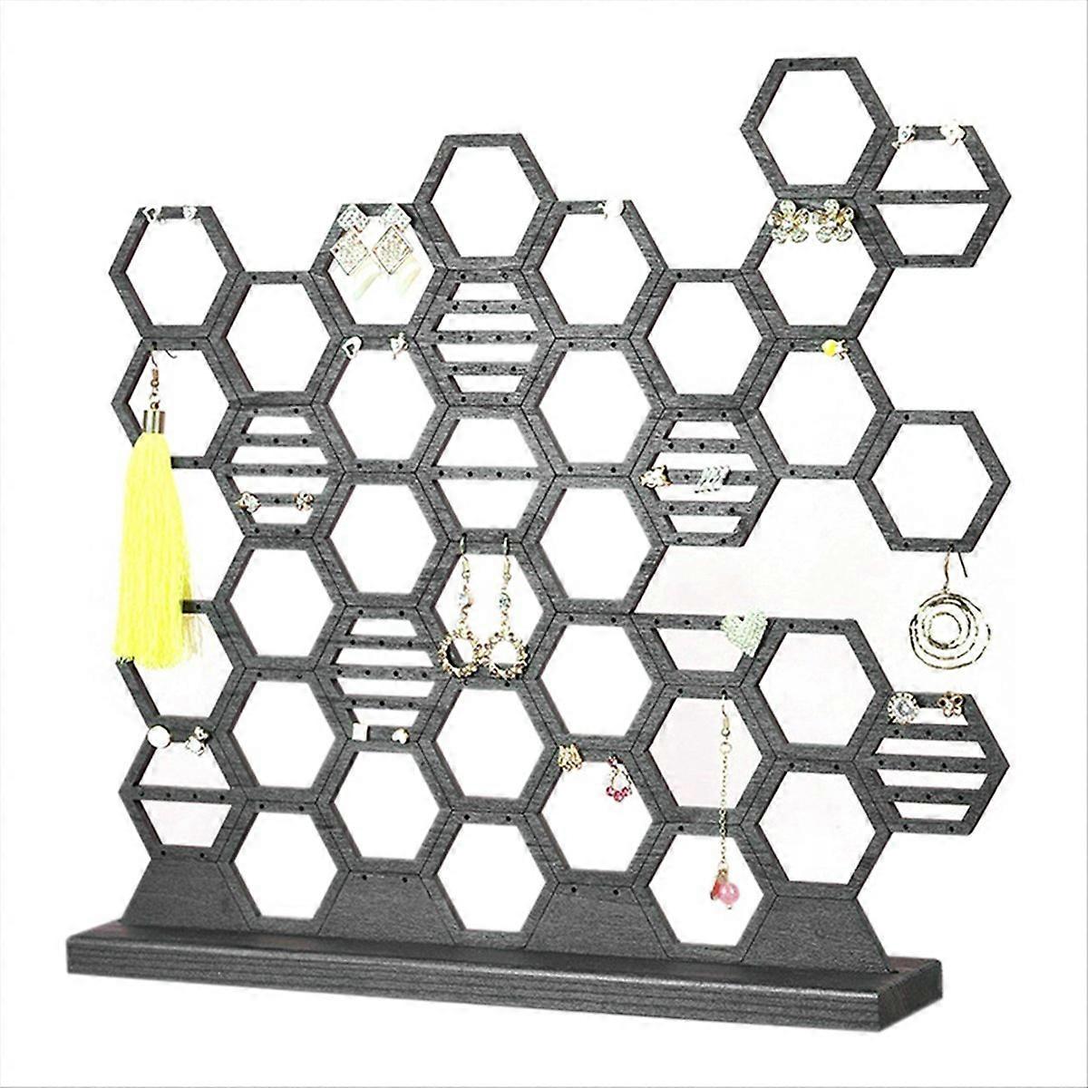 Honeycomb Grid Wooden Vertical Desktop Earring Storage Rack Black