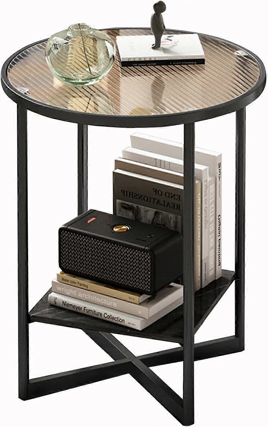 Round Side Table with Metal Frame and Wooden Shelf, Small Coffee Table for Living Room Sofa