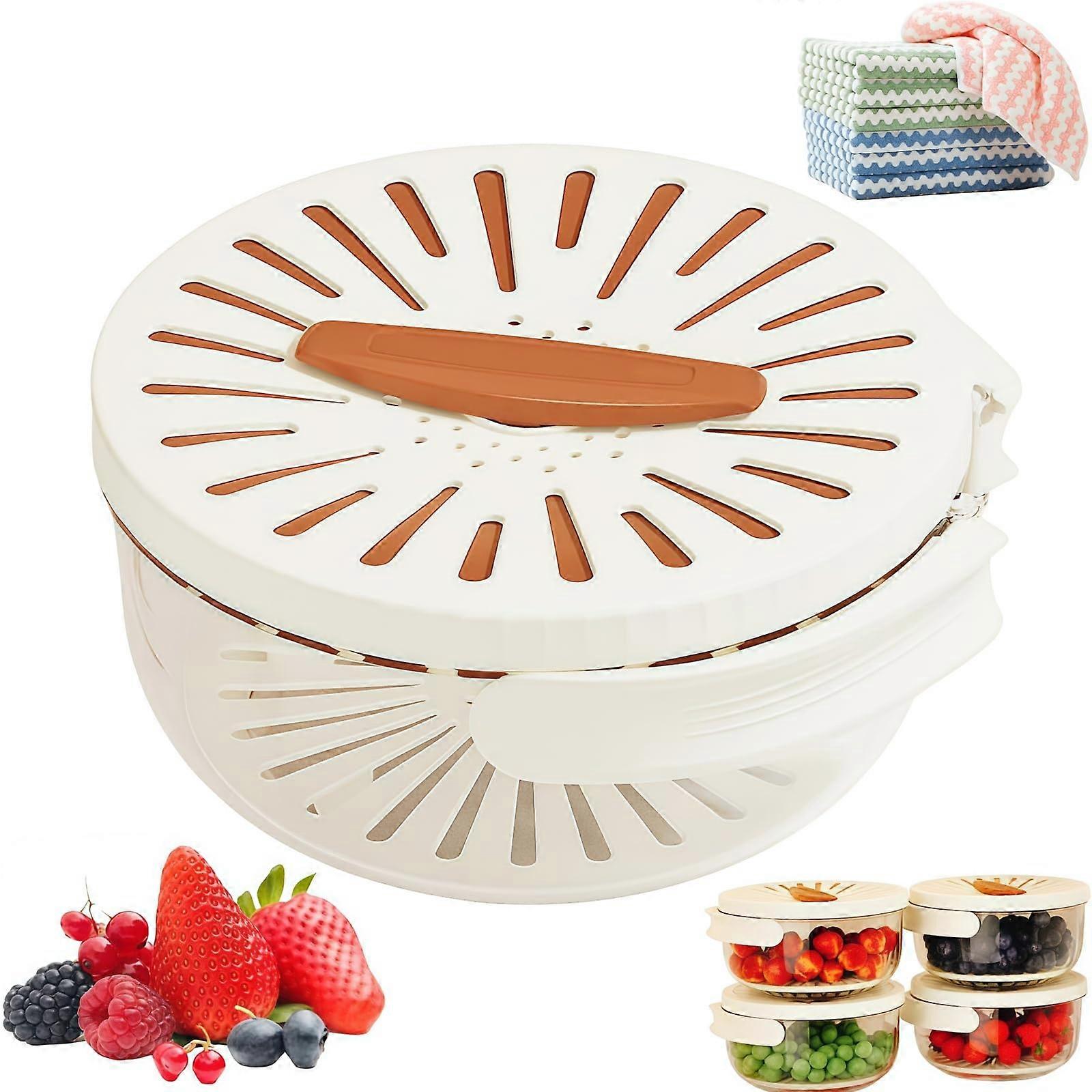 2in1 Vegetable Storage Container with Lid, Dual Layer Fruit Strainer for Fridge Freshness, Brown Large