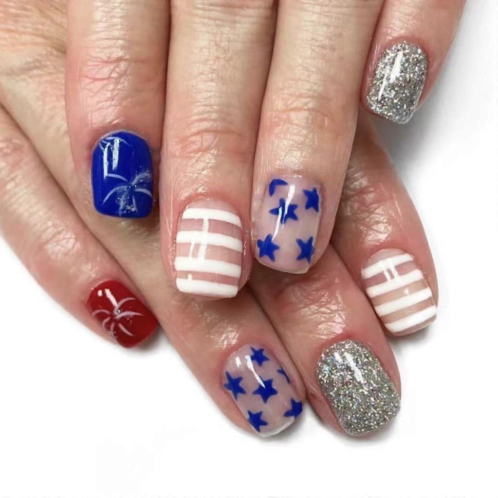 Press On Nails with American Flag Design for Independence Day, Glue On Square False Nails
