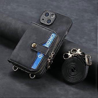 Case For Iphone 13 Black Leather Large Capacity Storage Hardware Double Zipper Long Lanyard Wallet No2084