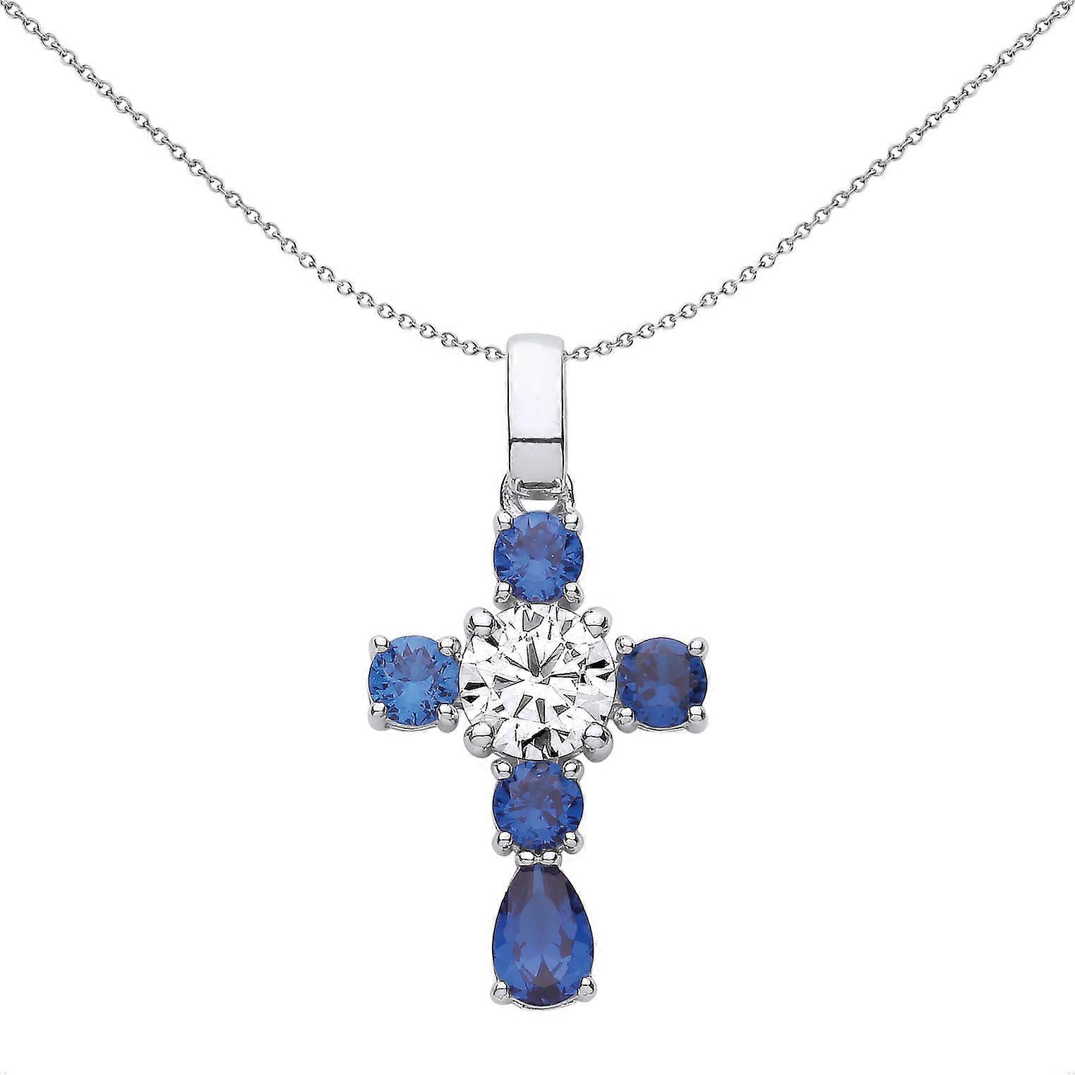 Jewelco London Unisex Rhodium Plated Sterling Silver Blue Pear CZ Bubbly Raindrop Cluster Cross Pendant Necklace 18 inch
