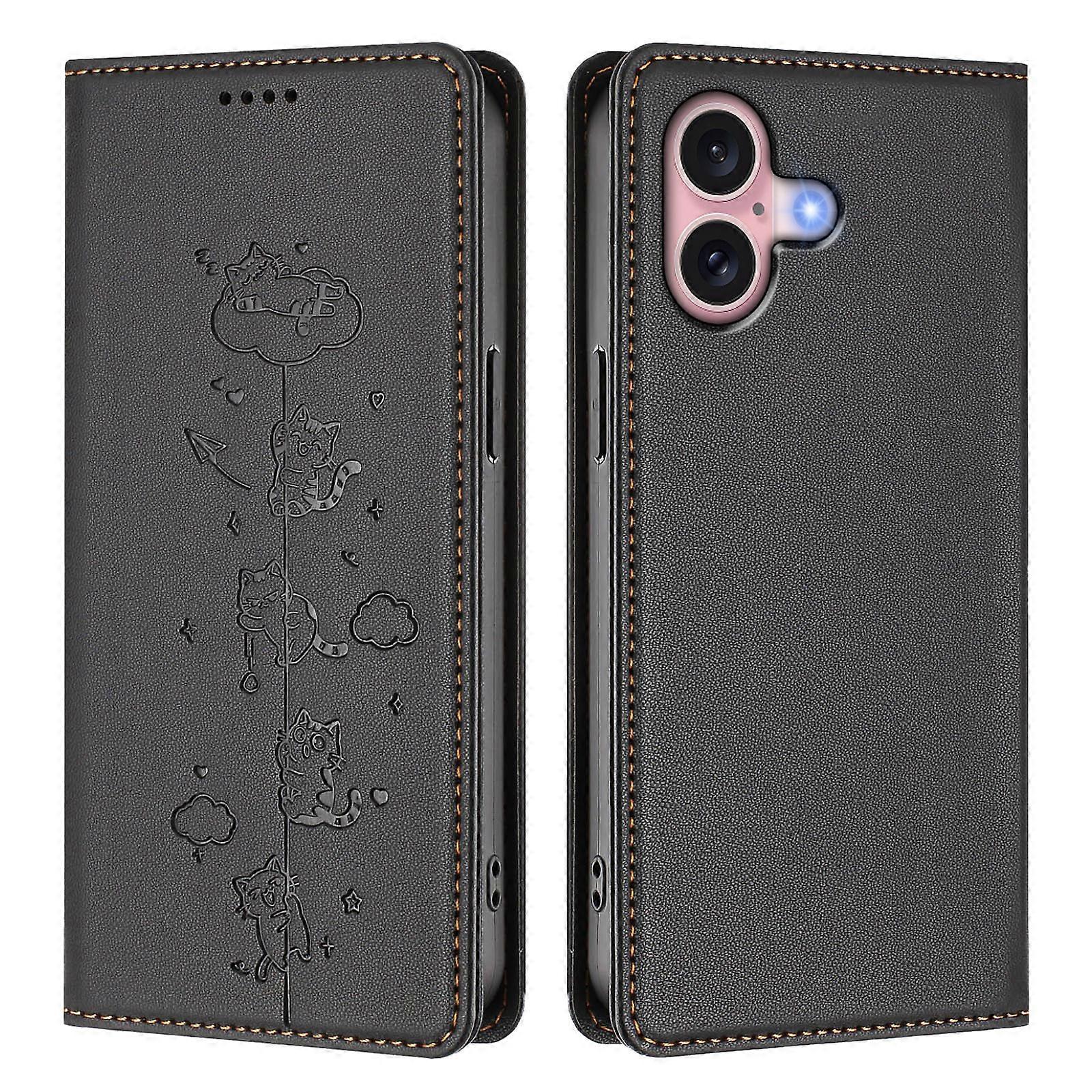 Compatible For iPhone 16 Case RFID Wallet Stand Imprinted Cat Pattern Leather Phone Cover