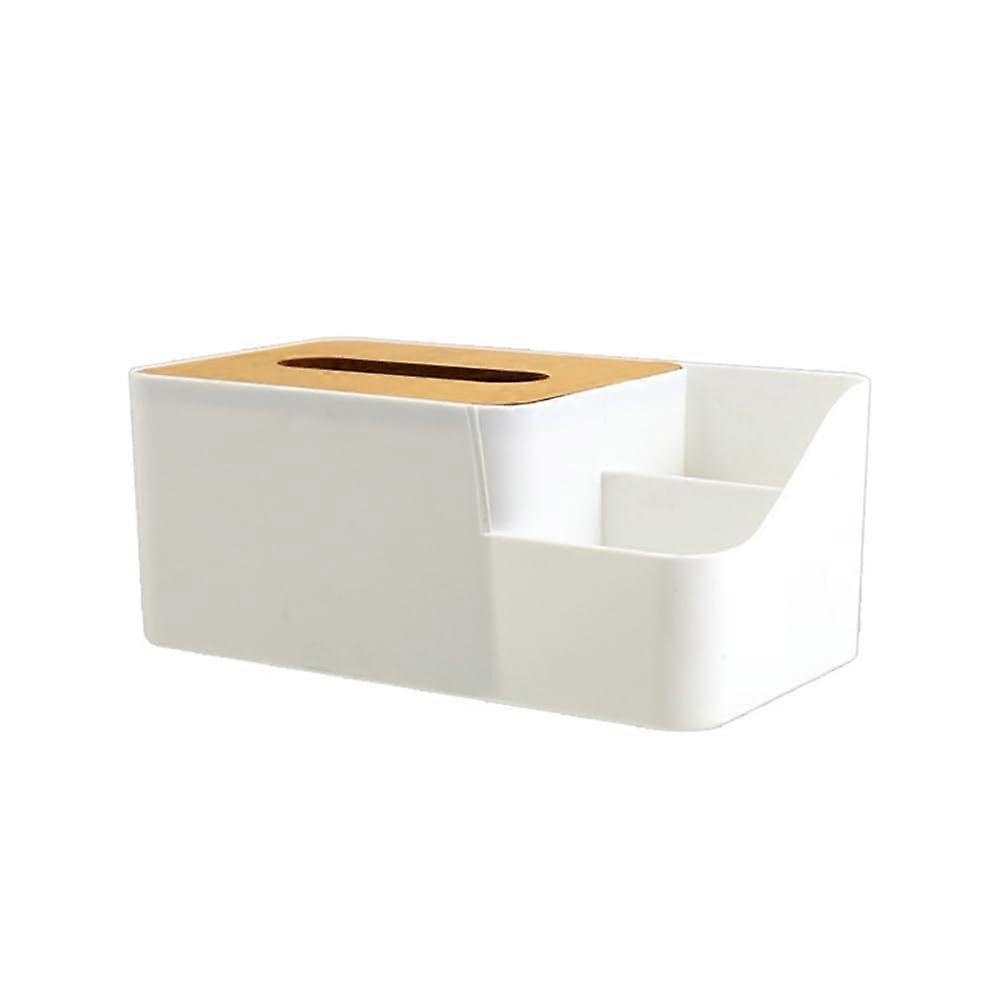 Tissue Box Holder with Multifunctional Storage, Plastic Bamboo Desktop Napkin Dispenser for Office