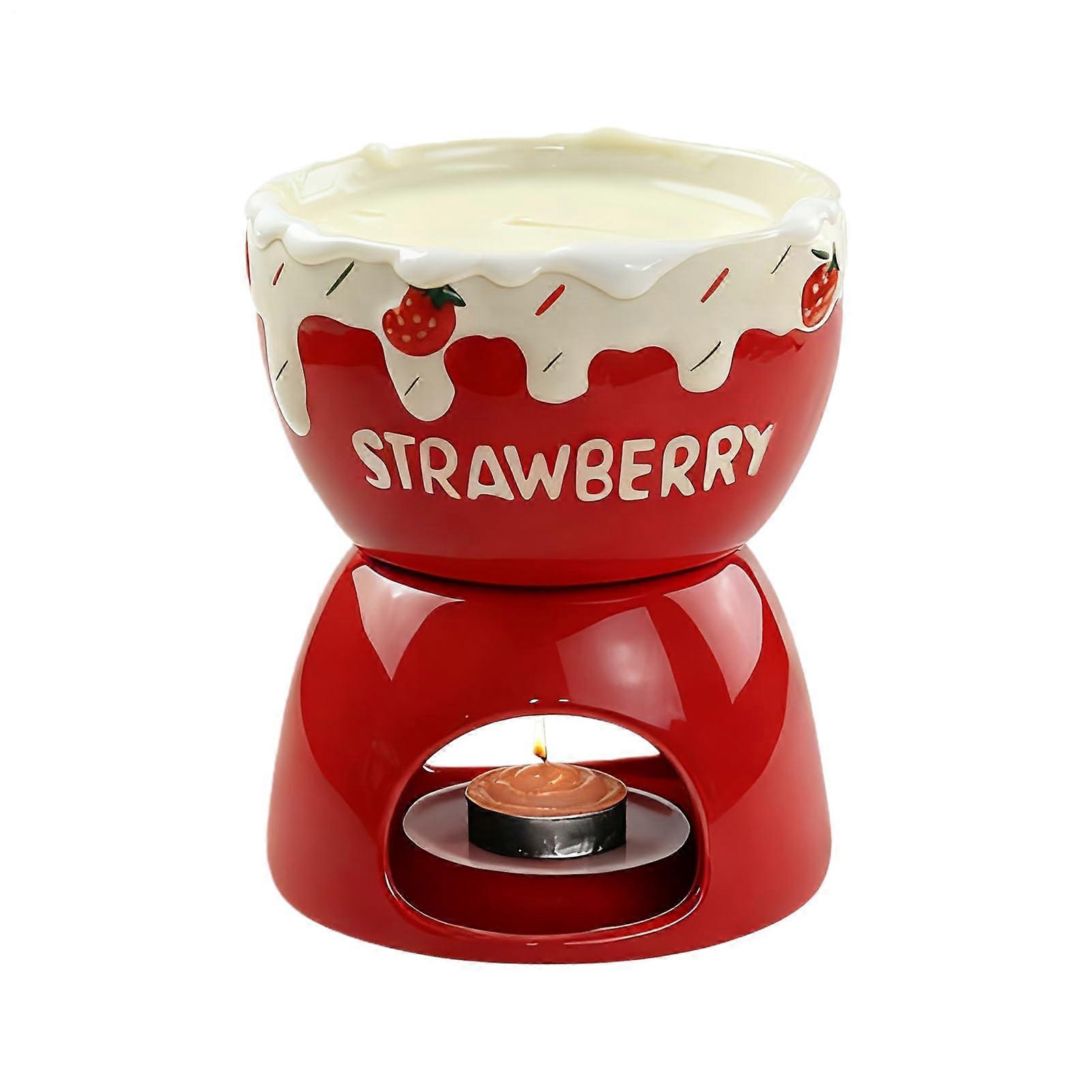 Fondue Mug Ceramic Pot with Tealight Base for Cheese and Chocolate, Red Compact Design