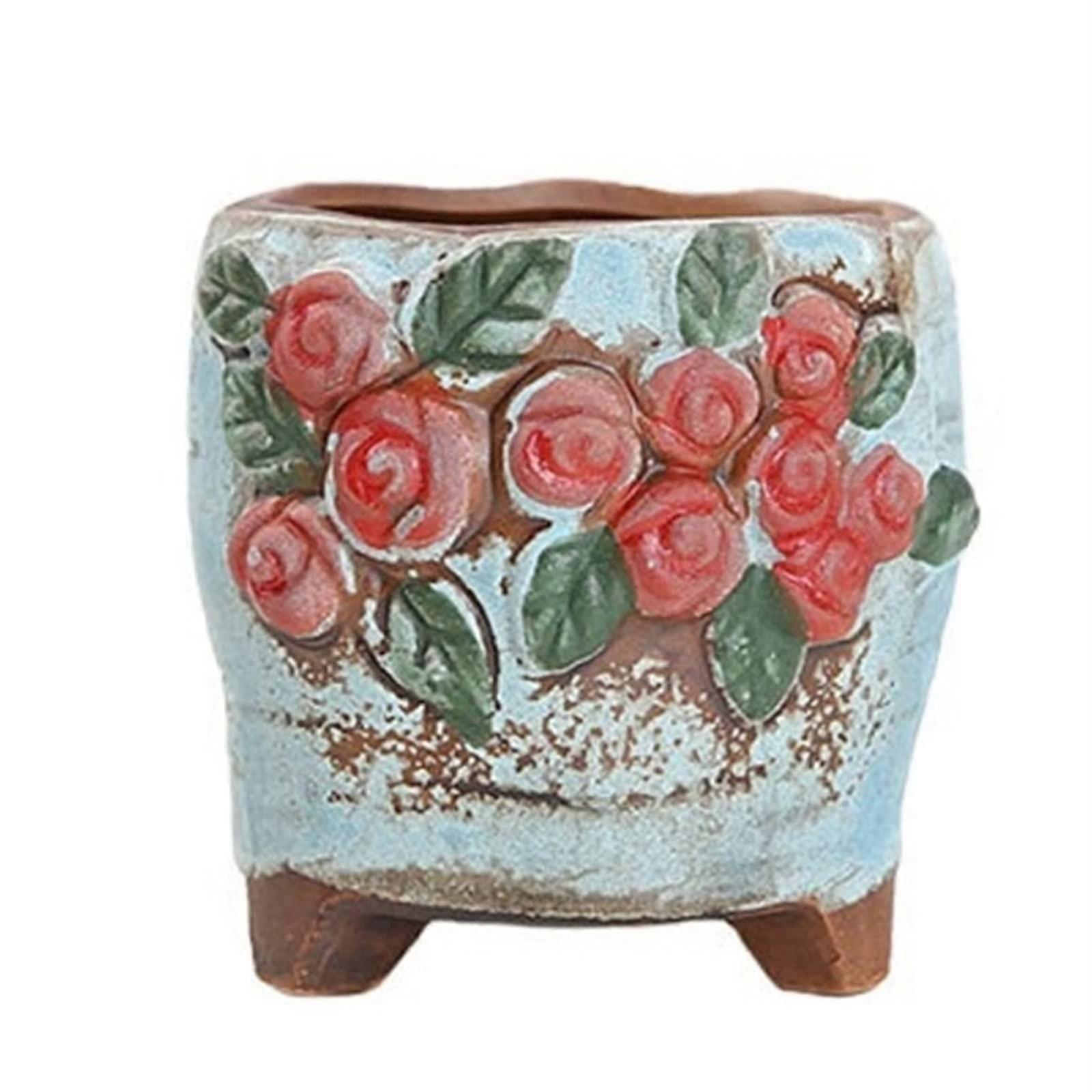 Ceramic Plant Pot Set with SpaceSaving FourPot Design, HandPainted Antique Succulent Planters