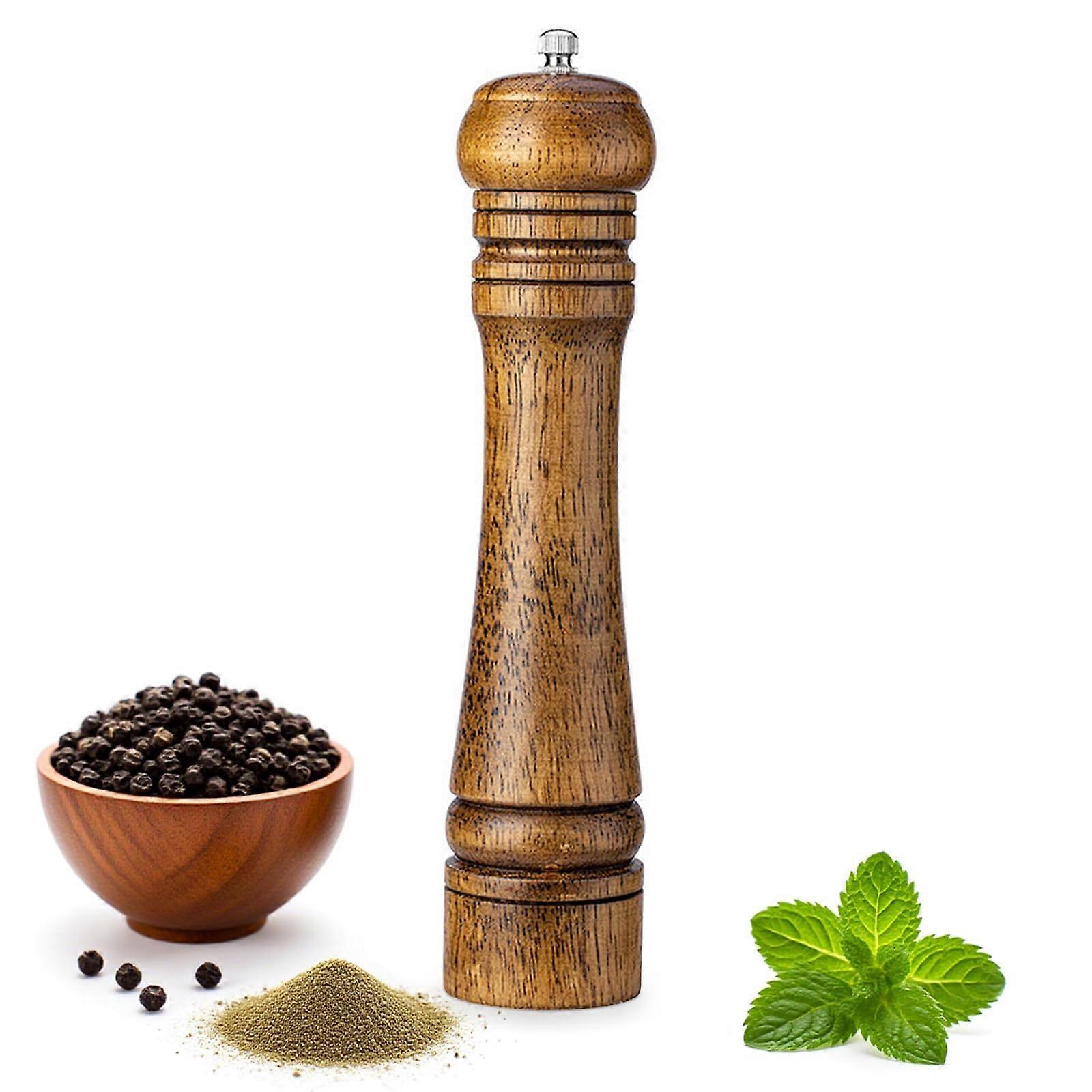 Wooden Pepper Grinder 10 Inch with Adjustable Ceramic Core, Solid Wood Refillable Spice Mill for Kitchen and BBQ