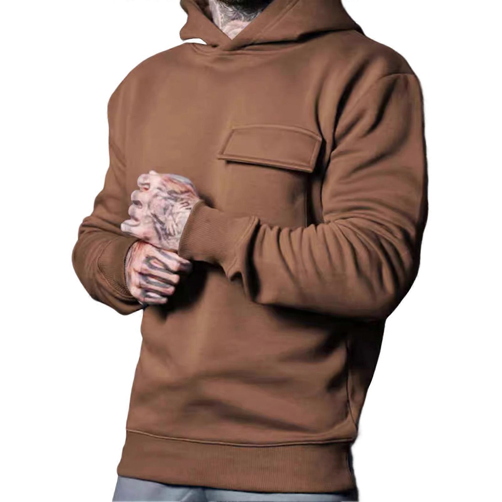 Fall Winter Men Hoodie Flap Pocket Loose Elastic Cuff Plus Size Warm Pullover Mid Length Solid Color