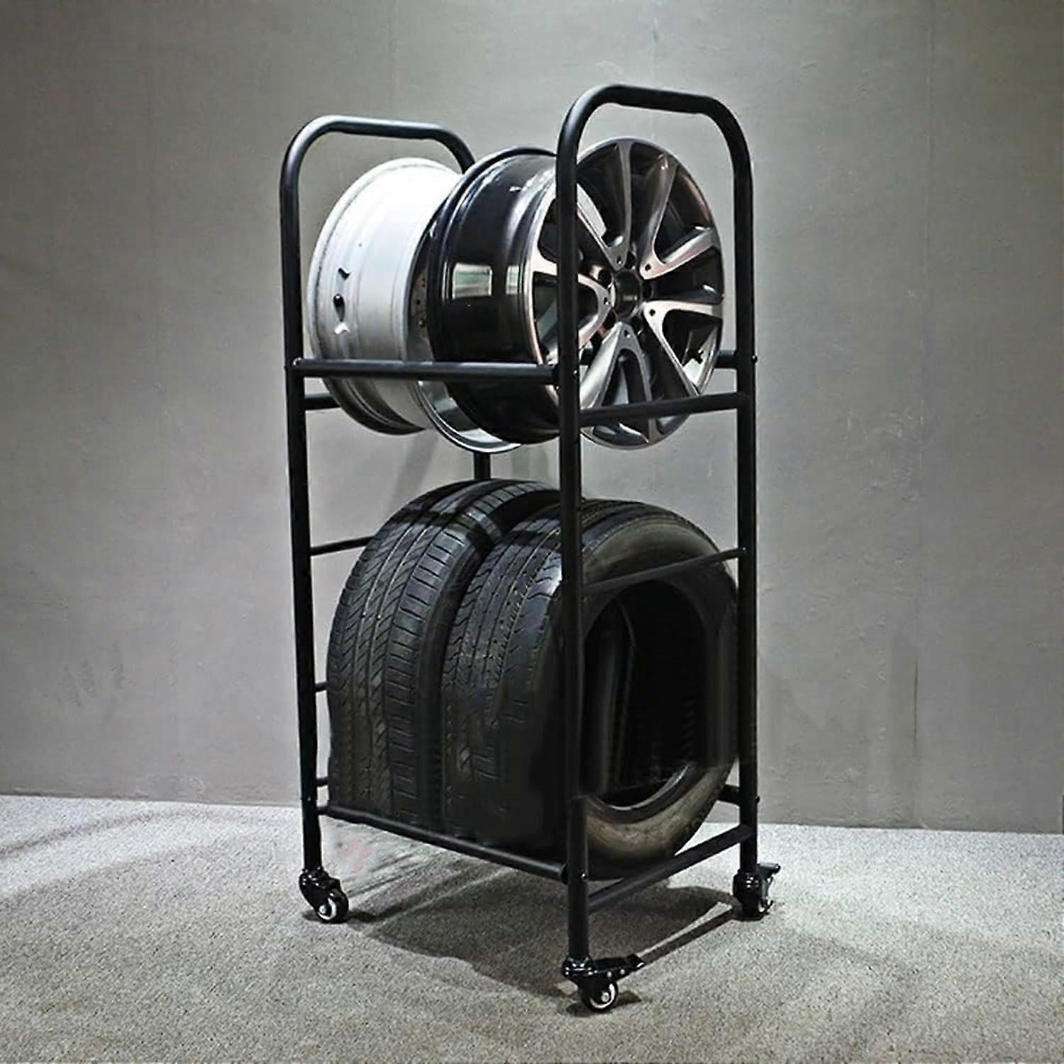 Adjustable TwoTier Rolling Tire Storage Rack with Lockable Wheels, SpaceSaving Garage Organizer, Black
